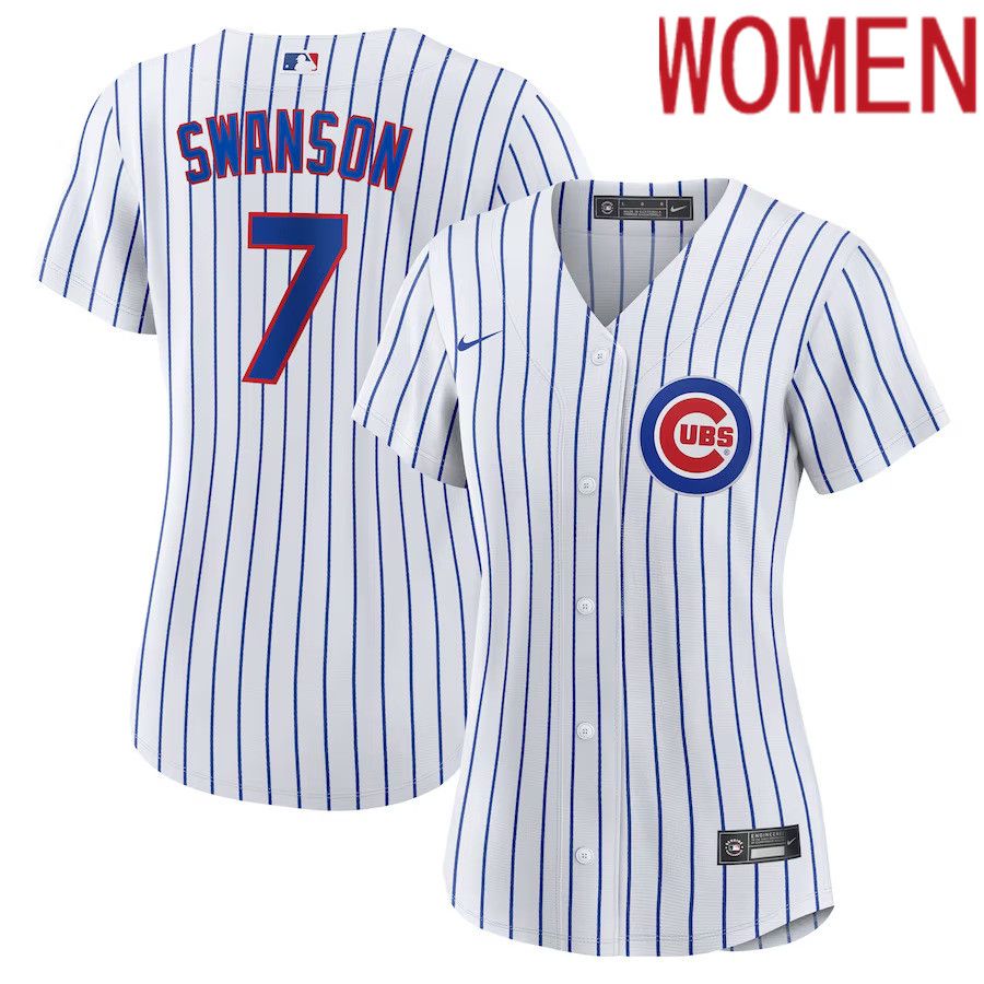 Women Chicago Cubs #7 Dansby Swanson Nike White Royal Home Replica Player MLB Jersey
